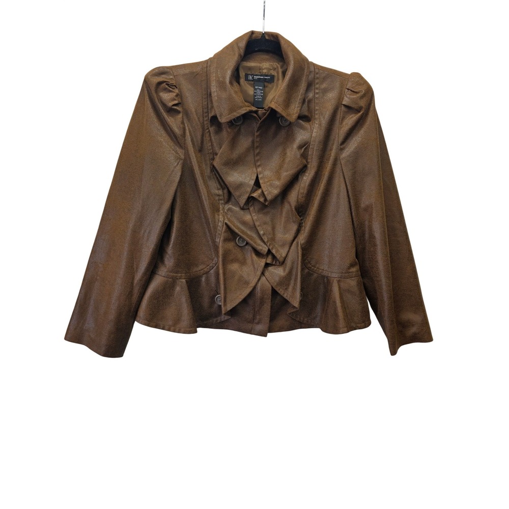 INC International Concepts Brown Faux Leather Ruffle Peplum Jacket Petite Medium